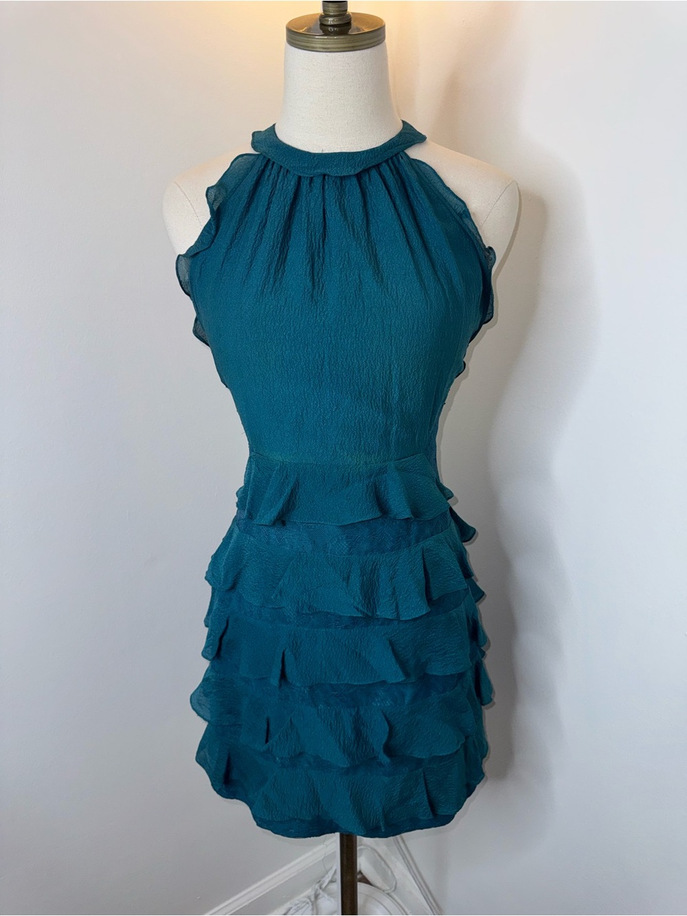 Rebecca Taylor Women’s 2 Ruffle Silk Blue Teal Lace Cut-out Halter Mini Dress